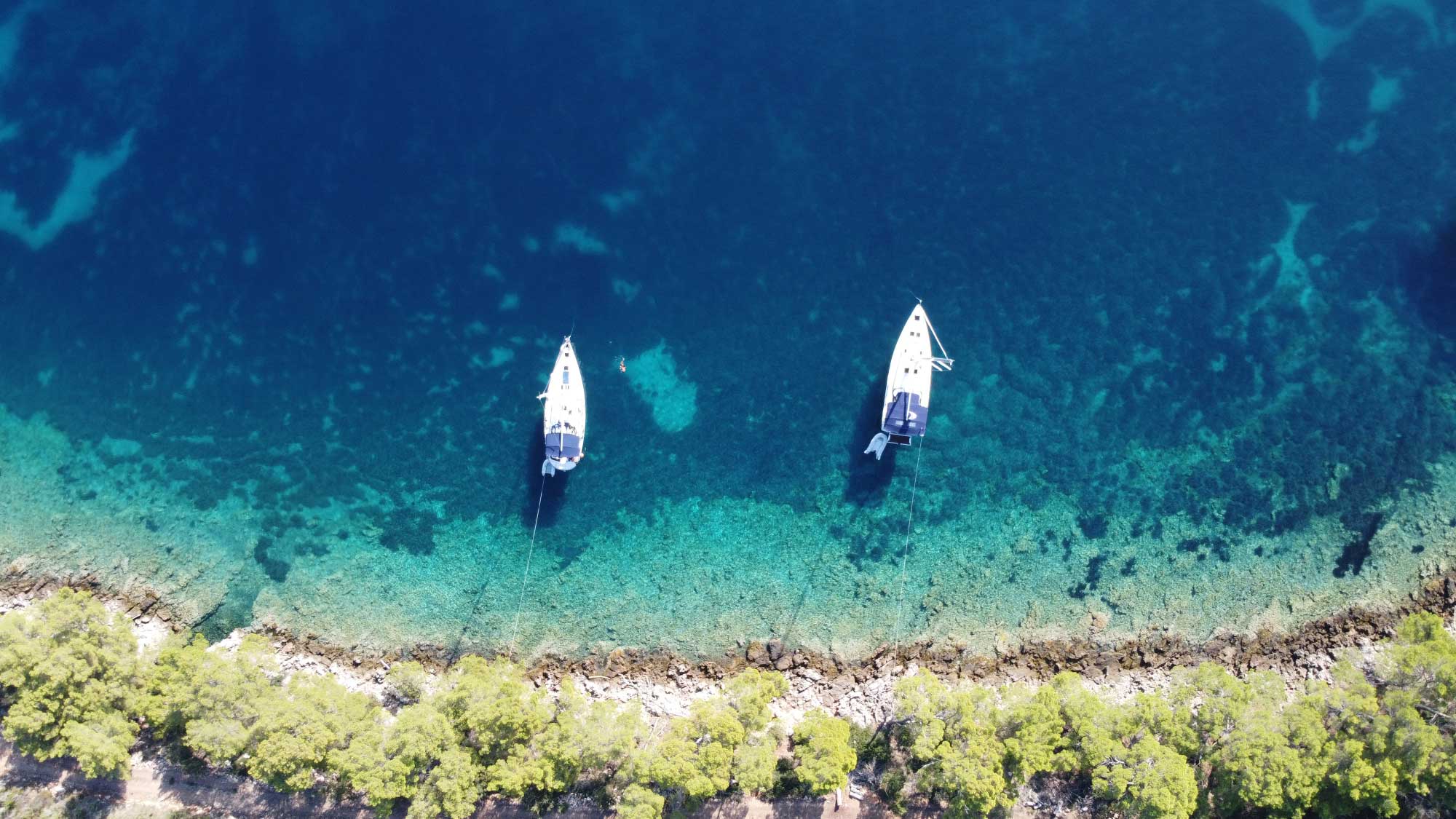 Catamaran moored in a turquoise Mediterranean bay